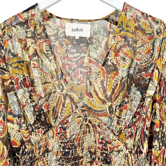 Ba&sh Quartz Dress - Metallic Gold Brown Floral V-Neck Long Sleeve Maxi Dress - Picture 9 of 14